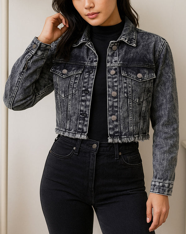 FRAYED DENIM CROP JACKET
