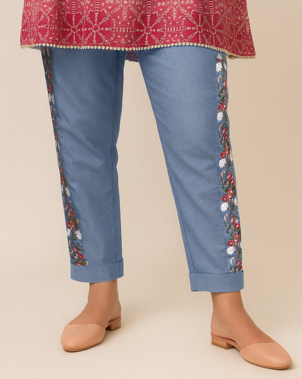 DENIM EMBROIDERED STRAIGHT PANT - Polkadots - 11443PD-068134 - DENIM EMBROIDERED STRAIGHT PANT
