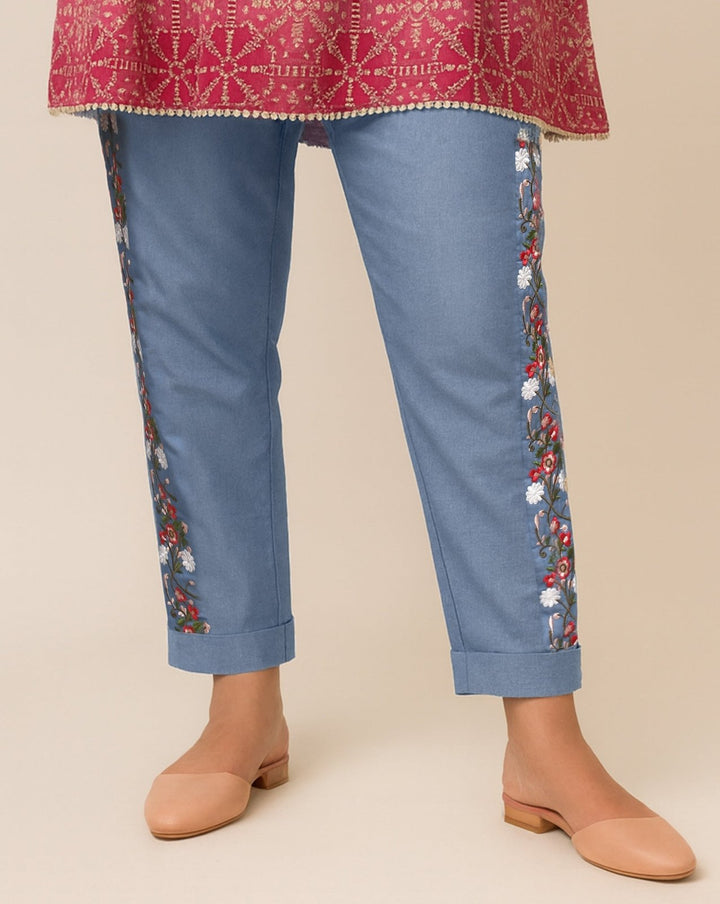 DENIM EMBROIDERED STRAIGHT PANT - Polkadots - 11443PD-068134 - DENIM EMBROIDERED STRAIGHT PANT