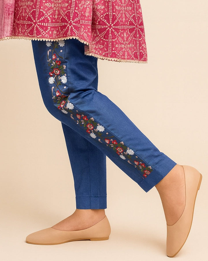 DENIM EMBROIDERED STRAIGHT PANT - Polkadots - 11443PD-234860 - DENIM EMBROIDERED STRAIGHT PANT