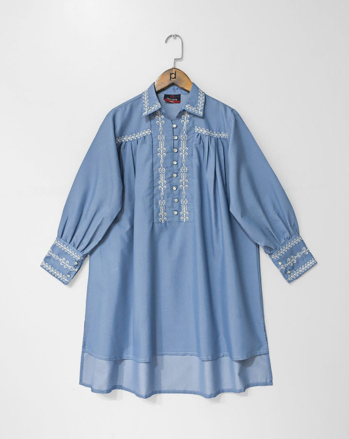 DENIM EMBROIDERED TOP - Polkadots - 14732QA-233180 - DENIM EMBROIDERED TOP