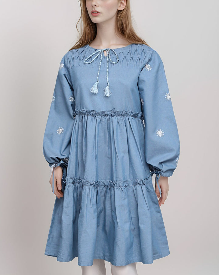 DENIM EMBROIDERED TOP - Polkadots - 12179MN-084008 - DENIM EMBROIDERED TOP