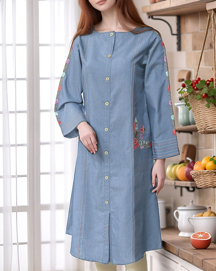 DENIM EMBROIDERED TOP - Polkadots - 13284HG-208991 - DENIM EMBROIDERED TOP