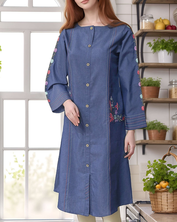 DENIM EMBROIDERED TOP - Polkadots - 13284HG-208985 - DENIM EMBROIDERED TOP