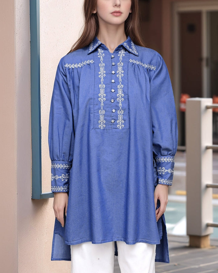 DENIM EMBROIDERED TOP - Polkadots - 14732QA-233180 - DENIM EMBROIDERED TOP