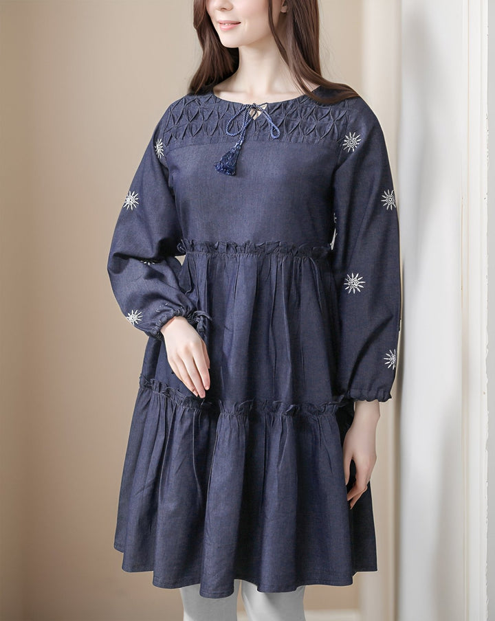 DENIM EMBROIDERED TOP - Polkadots - 12179MN-084005 - DENIM EMBROIDERED TOP