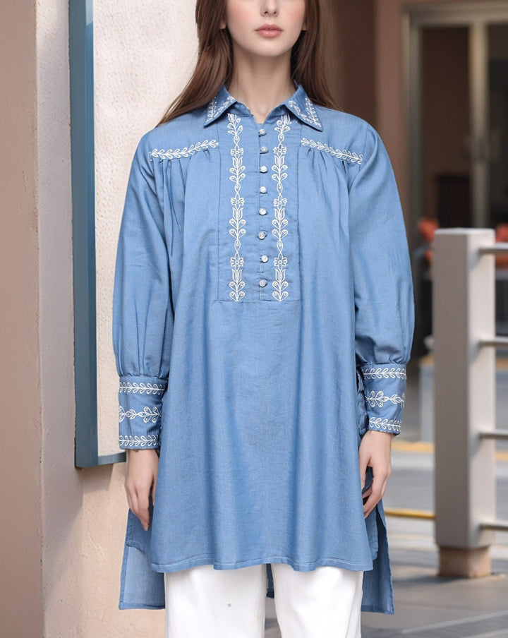 DENIM EMBROIDERED TOP - Polkadots - 14732QA-233183 - DENIM EMBROIDERED TOP