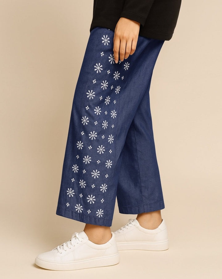 DENIM EMBROIDERED TROUSERS - Polkadots - 13969PD-221628 - DENIM EMBROIDERED TROUSERS