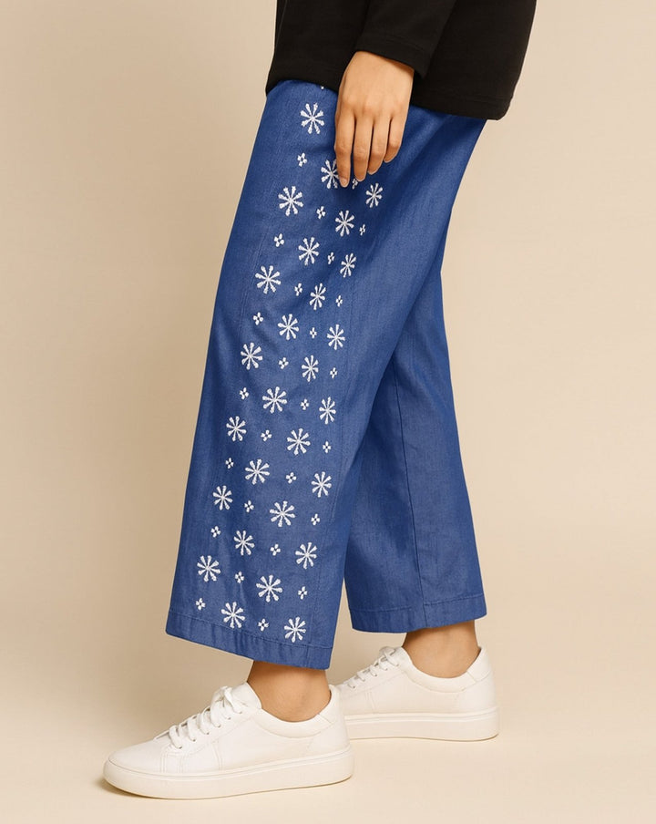 DENIM EMBROIDERED TROUSERS - Polkadots - 13969PD-221624 - DENIM EMBROIDERED TROUSERS