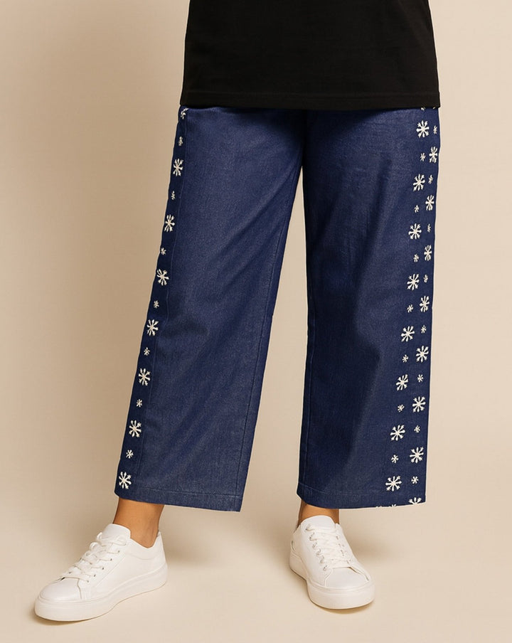 DENIM EMBROIDERED TROUSERS - Polkadots - 13969PD-221624 - DENIM EMBROIDERED TROUSERS