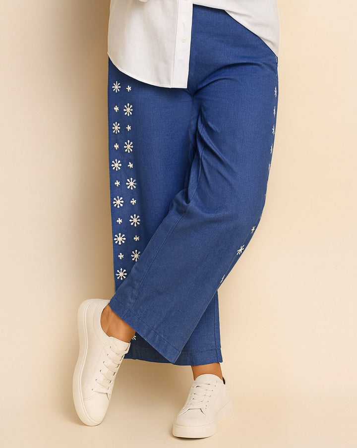 DENIM EMBROIDERED TROUSERS - Polkadots - 13969PD-221624 - DENIM EMBROIDERED TROUSERS