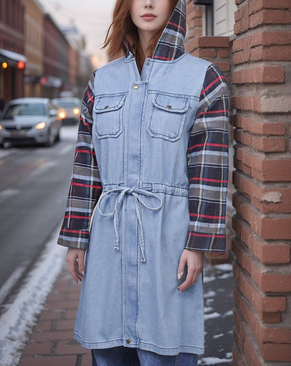 DENIM HOODIE COAT - Polkadots - 13099DZ-205493 - DENIM HOODIE COAT