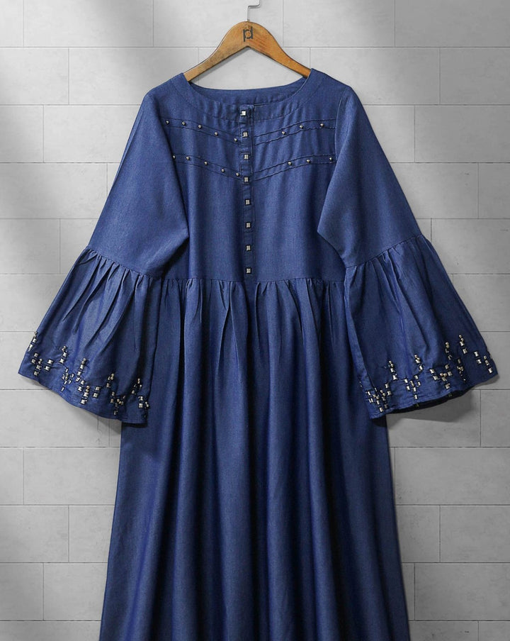 DENIM EMBROIDERED TOP - Polkadots - 12192AR-084264 - DENIM EMBROIDERED TOP